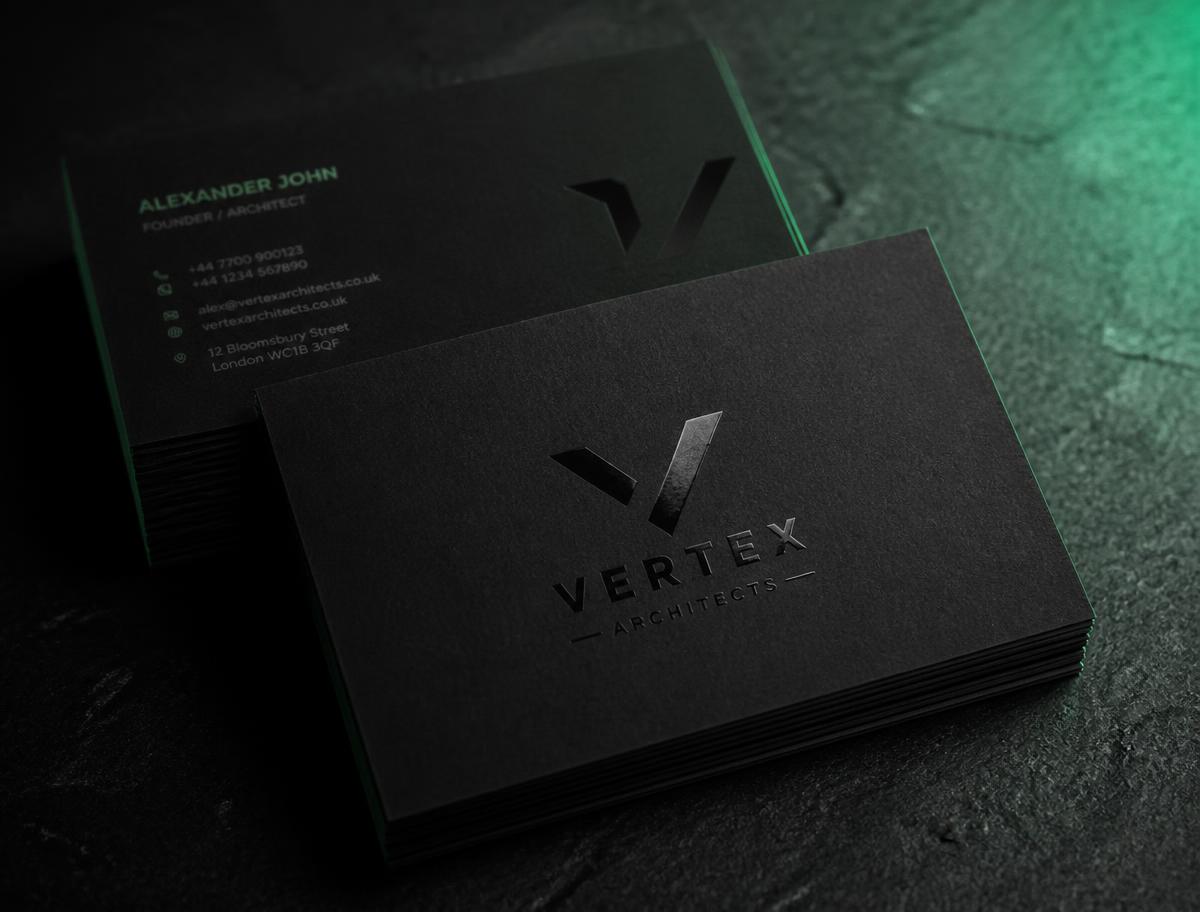 Matte Black Visiting Cards — 350 GSM matte lamination with spot UV logo — Vertex Architects