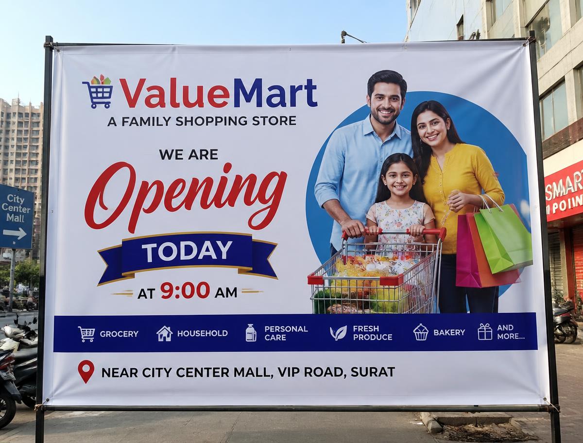 Store Opening Flex Banner — 8 x 6 ft outdoor flex print and frame mounting — ValueMart